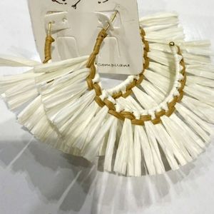 Handmade White & Tan Straw Hoop Earrings